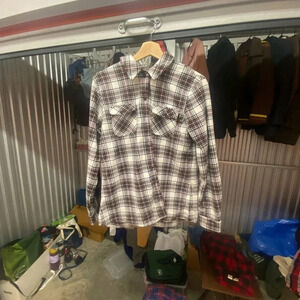 Eddie Bauer Women's Shirt Fleece Button Long Sleeve Flannel White/Grey/Red Sz L